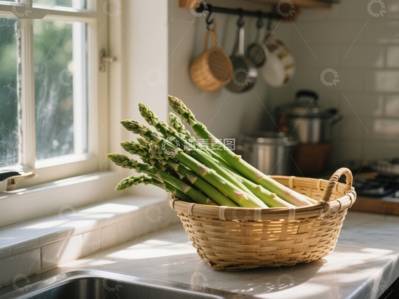 高清大图下载【趣麦麦图】厨房窗边的芦笋篮
