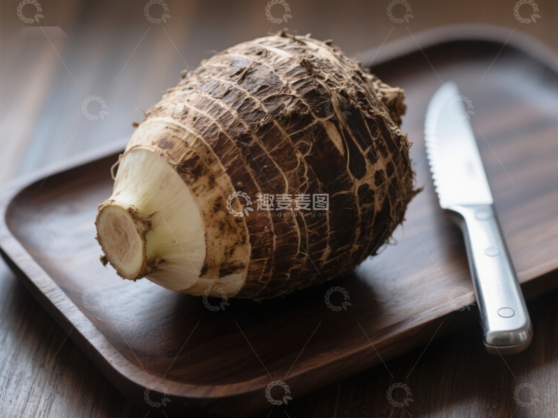 高清大图下载【趣麦麦图】新鲜芋头与刀具置于木质托盘