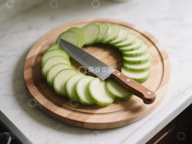 高清大图下载【趣麦麦图】切片黄瓜与刀具置于木质砧板上