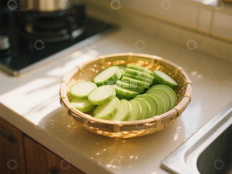 高清大图下载【趣麦麦图】竹篮中的切片黄瓜