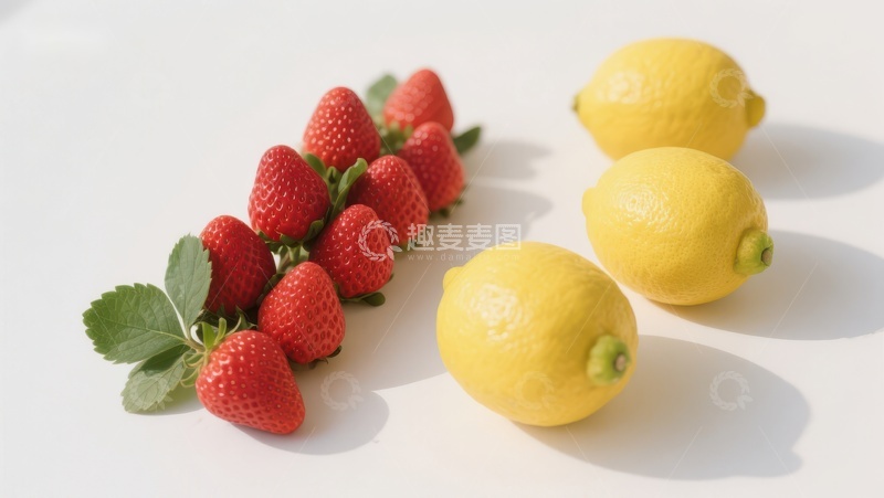 高清大图下载【趣麦麦图】新鲜草莓与柠檬的静物组合