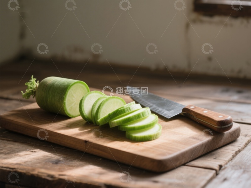 高清大图下载【趣麦麦图】切片黄瓜与刀具置于木板上