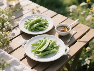 户外木桌上的新鲜豌豆与酱料