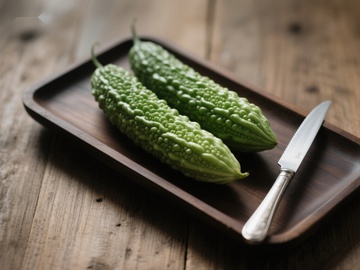 苦瓜置于木质托盘，配以刀具