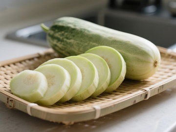 新鲜冬瓜切片置于竹制托盘