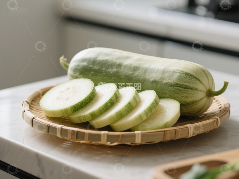 高清大图下载【趣麦麦图】新鲜冬瓜切片置于竹盘
