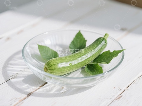 清新的丝瓜与绿叶置于玻璃碗中