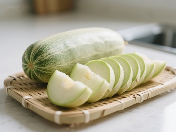 新鲜冬瓜切片置于竹制托盘