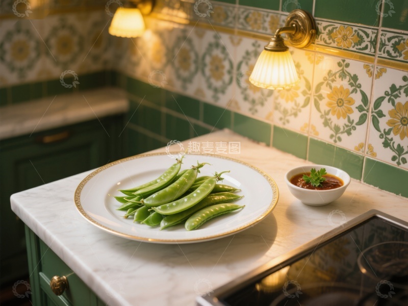高清大图下载【趣麦麦图】厨房台面上的豌豆荚与小碟调料