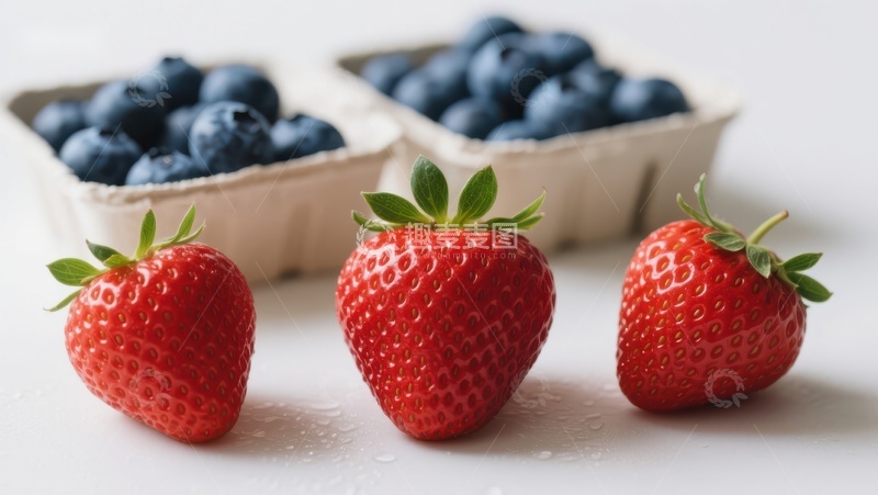 高清大图下载【趣麦麦图】新鲜草莓与蓝莓的静物组合