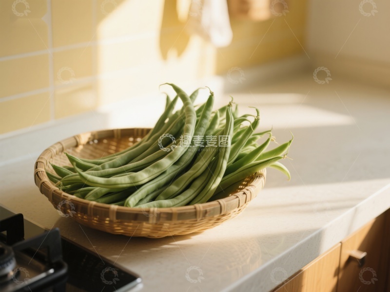 高清大图下载【趣麦麦图】新鲜四季豆置于竹篮中