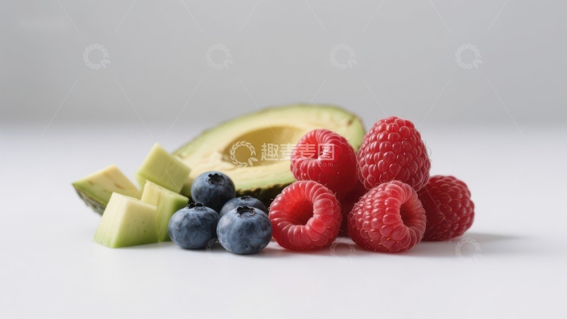 高清大图下载【趣麦麦图】新鲜水果组合：牛油果、蓝莓与覆盆子