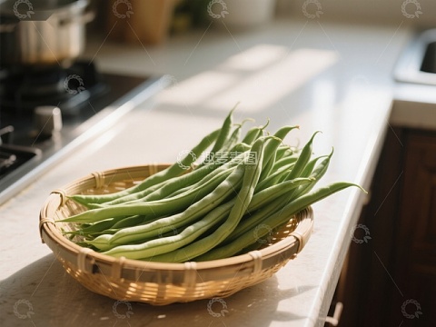 厨房台面上的绿色豆角