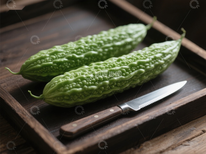 高清大图下载【趣麦麦图】苦瓜与刀具置于木质托盘