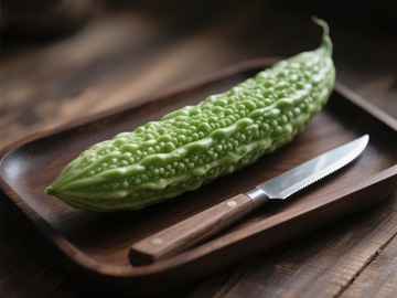 苦瓜与刀具置于木质托盘