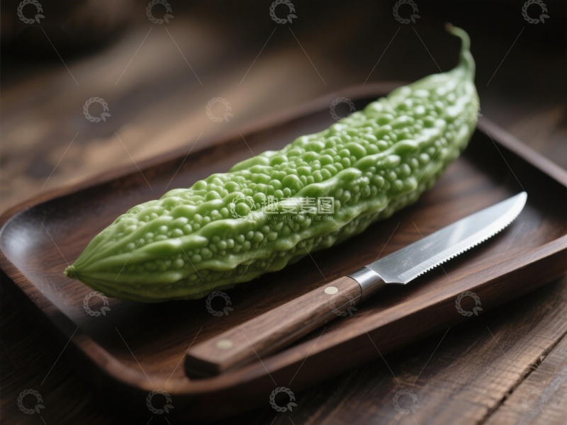 高清大图下载【趣麦麦图】苦瓜与刀具置于木质托盘