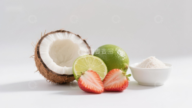 高清大图下载【趣麦麦图】椰子、青柠、草莓与粉末的组合