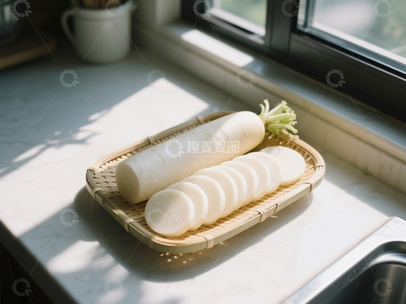 高清大图下载【趣麦麦图】窗边竹篮中的白萝卜