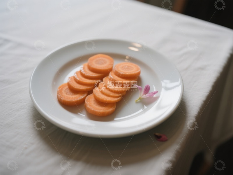 高清大图下载【趣麦麦图】盘中切片胡萝卜与花瓣装饰
