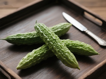 苦瓜静置木盘，刀具相伴