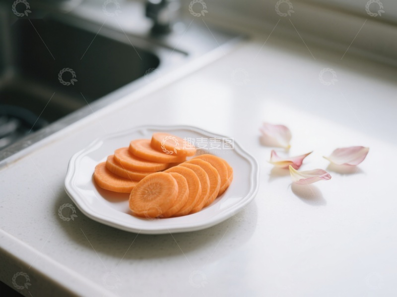 高清大图下载【趣麦麦图】切片胡萝卜置于盘中，厨房台面静景