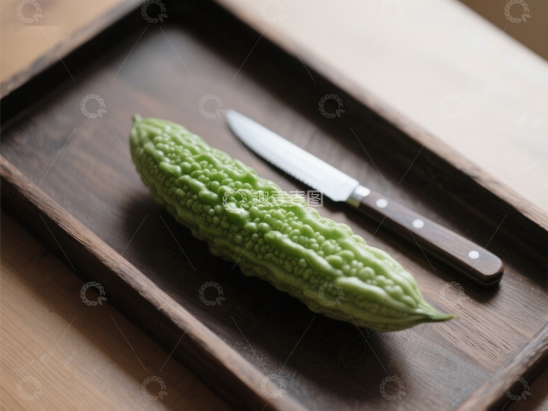 高清大图下载【趣麦麦图】-苦瓜与刀具置于木质托盘