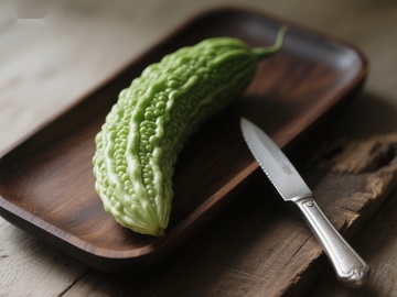 苦瓜置于木质托盘旁配刀具