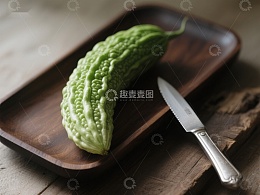 苦瓜置于木质托盘旁配刀具