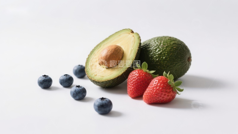 高清大图下载【趣麦麦图】新鲜水果组合：牛油果、草莓与蓝莓