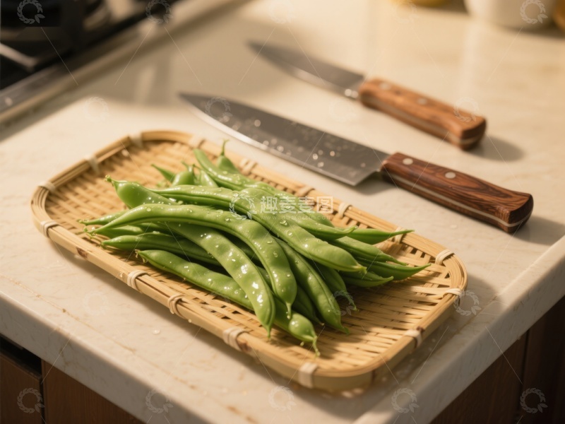 高清大图下载【趣麦麦图】新鲜豆荚置于竹篮，旁配两把刀具