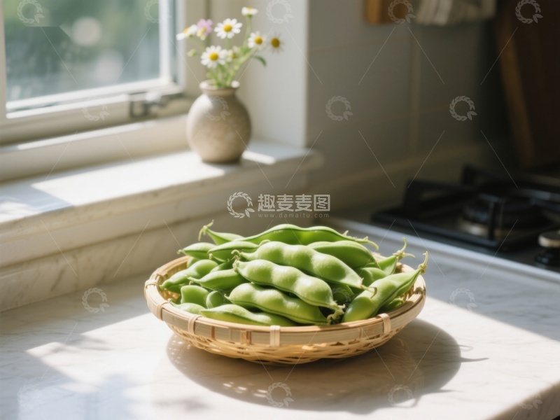高清大图下载【趣麦麦图】窗边竹篮里的新鲜蚕豆