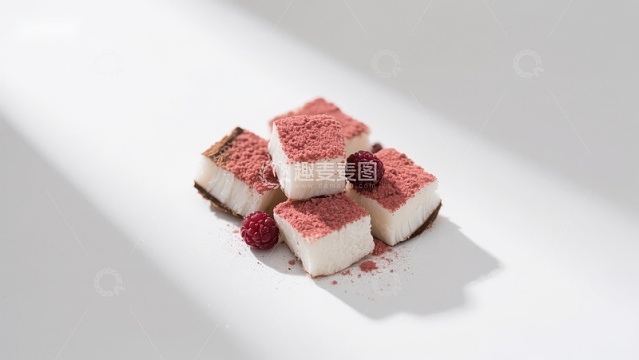 精致甜点：覆盆子粉点缀的方块糕点