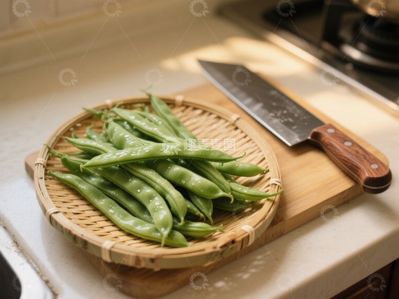 高清大图下载【趣麦麦图】新鲜豆荚与刀具置于竹篮中