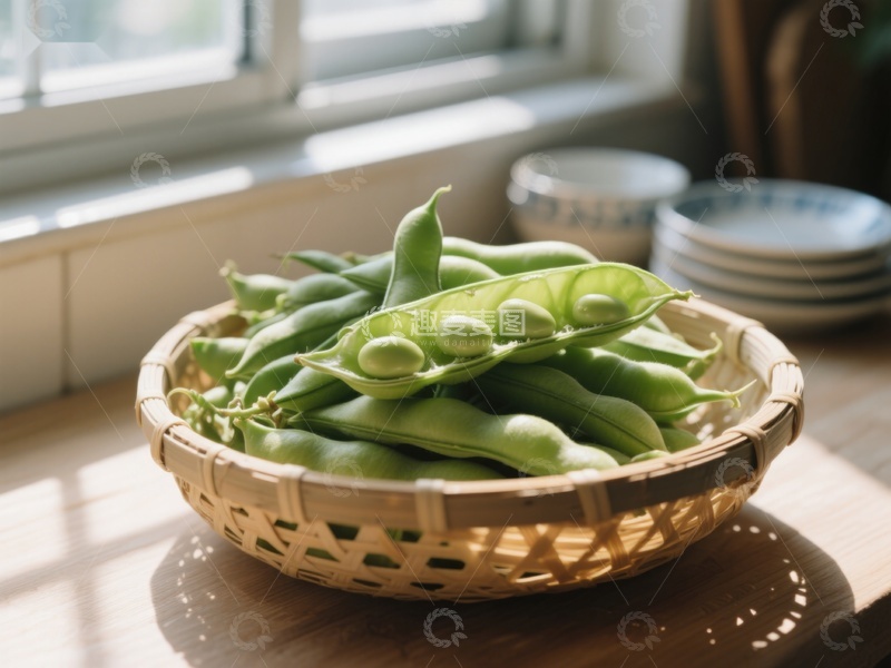 高清大图下载【趣麦麦图】新鲜蚕豆置于竹篮中，窗边阳光洒落