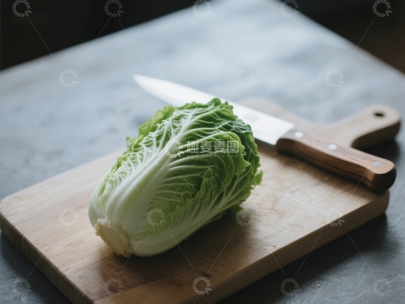 高清大图下载【趣麦麦图】白菜与刀置于木砧板上