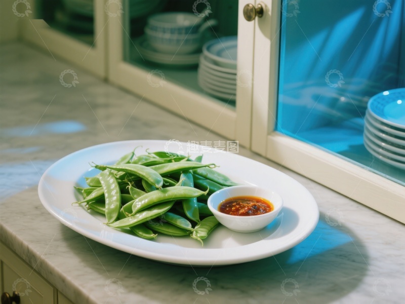 高清大图下载【趣麦麦图】新鲜荷兰豆配辣椒酱，置于厨房台面