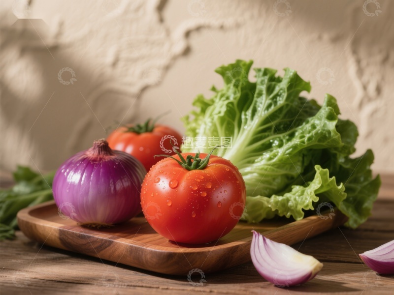 高清大图下载【趣麦麦图】新鲜蔬菜静物：番茄、洋葱与生菜