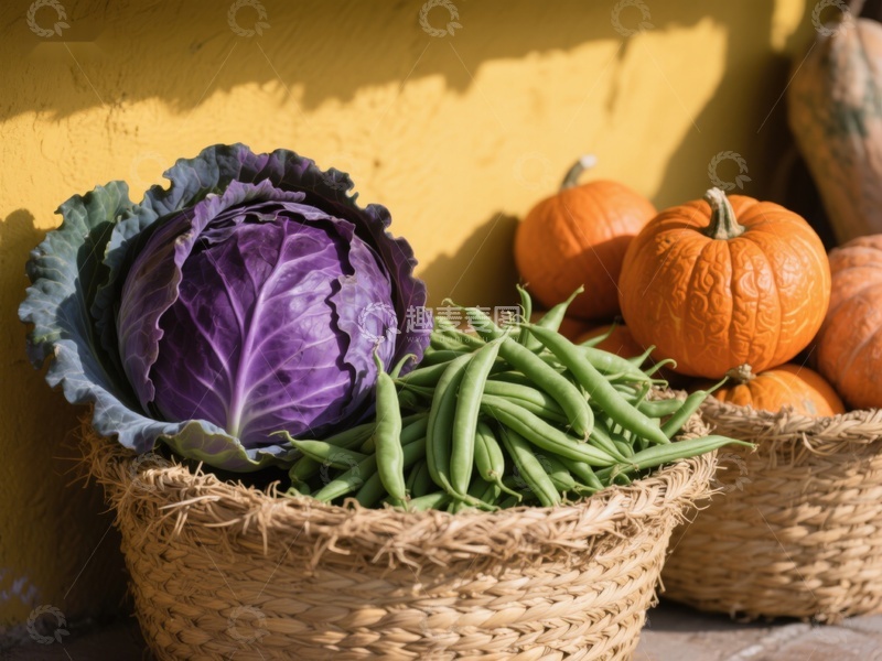 高清大图下载【趣麦麦图】篮子里的紫甘蓝、四季豆和南瓜