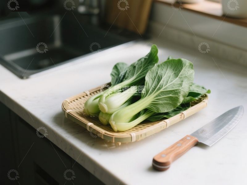 高清大图下载【趣麦麦图】厨房台面上的青菜与刀具