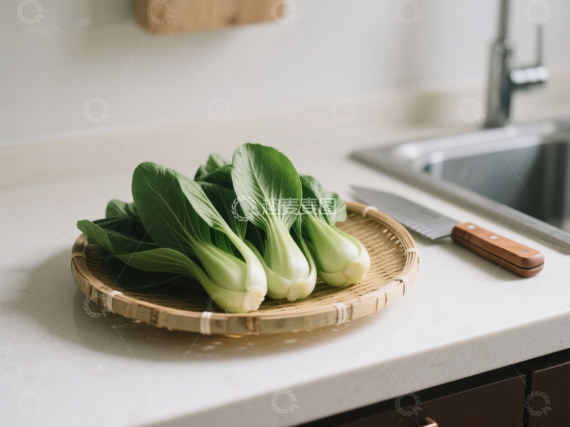 高清大图下载【趣麦麦图】厨房台面上的青菜与砧板