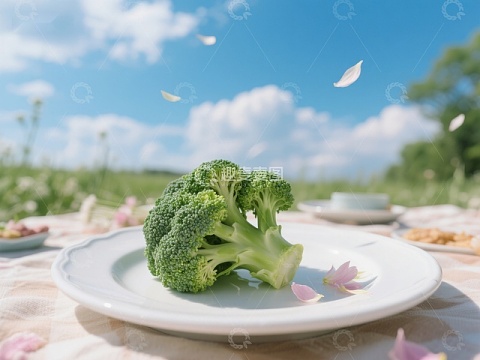 盘中西兰花，花瓣飘落草地