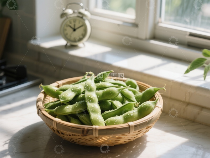 高清大图下载【趣麦麦图】窗边竹篮里的新鲜豆荚