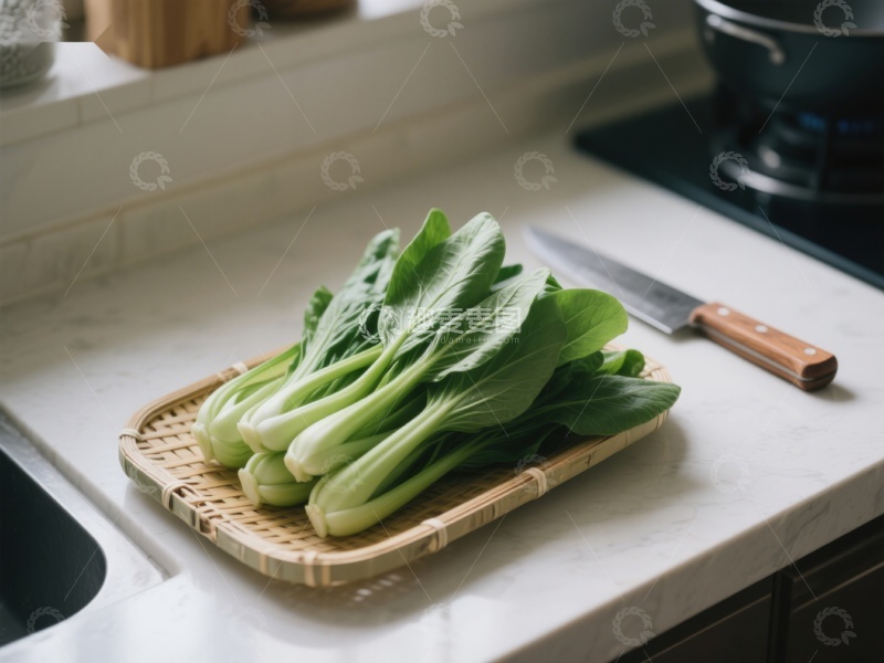 高清大图下载【趣麦麦图】新鲜青菜置于竹制砧板上