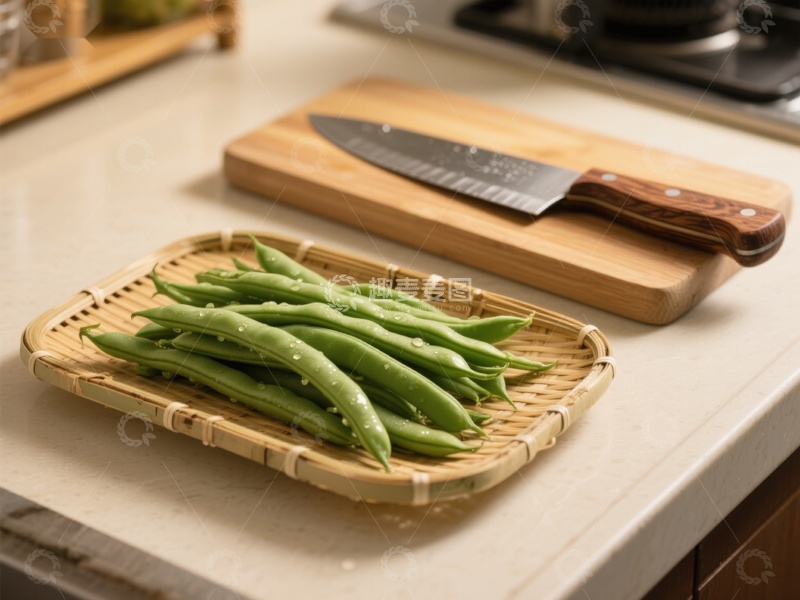 高清大图下载【趣麦麦图】新鲜四季豆置于竹篮，旁配刀具砧板