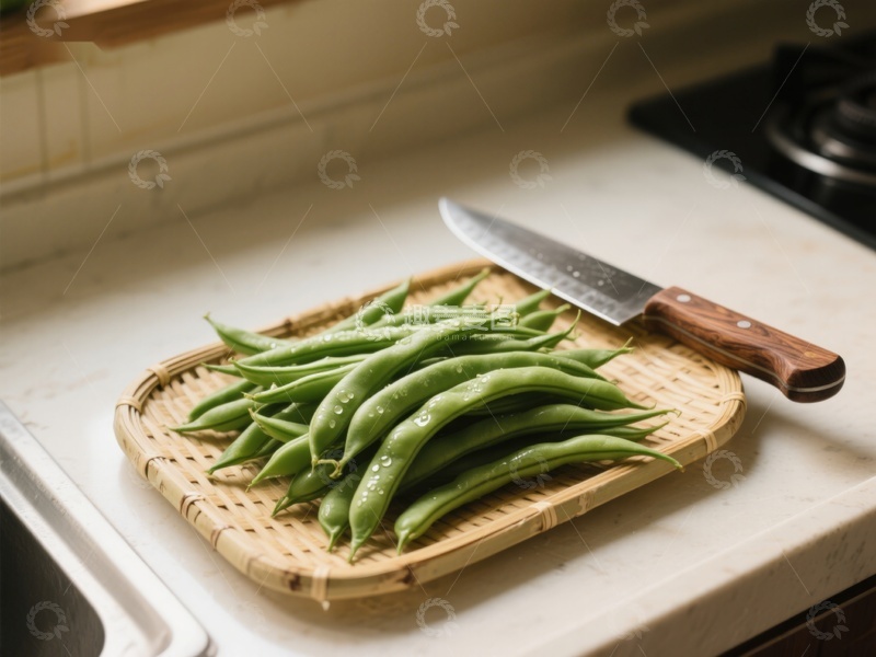 高清大图下载【趣麦麦图】新鲜四季豆与刀具置于竹篮