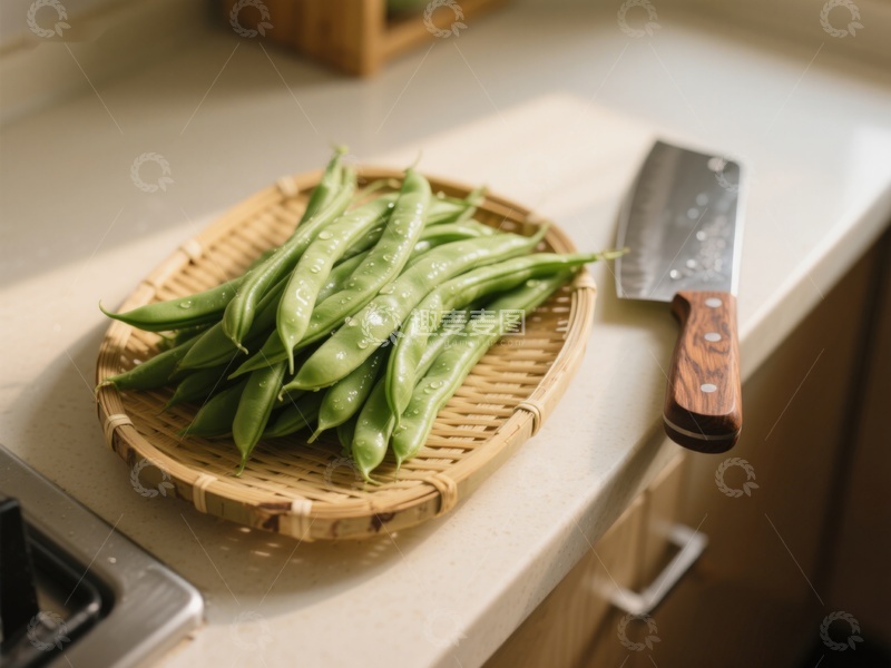 高清大图下载【趣麦麦图】新鲜豆荚置于竹篮旁配菜刀