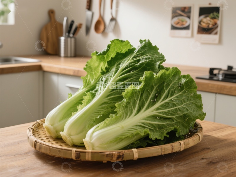 高清大图下载【趣麦麦图】新鲜白菜置于竹篮厨房场景