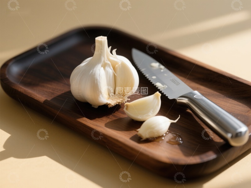 高清大图下载【趣麦麦图】大蒜与刀具置于木质托盘