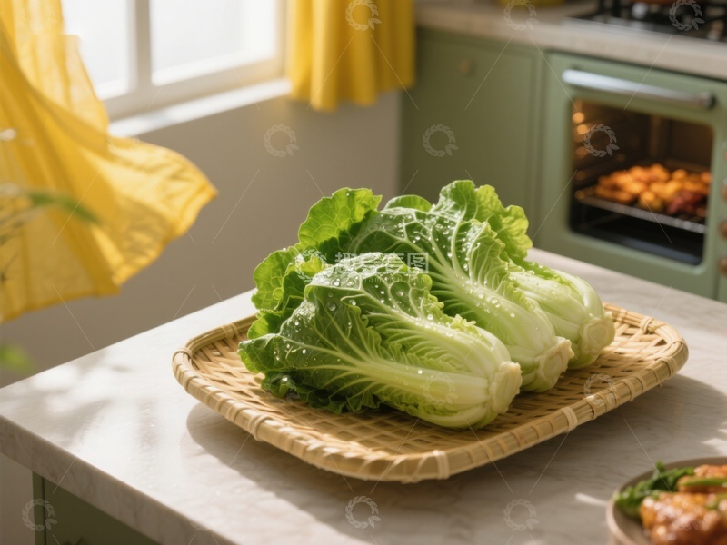 高清大图下载【趣麦麦图】新鲜白菜置于厨房竹盘