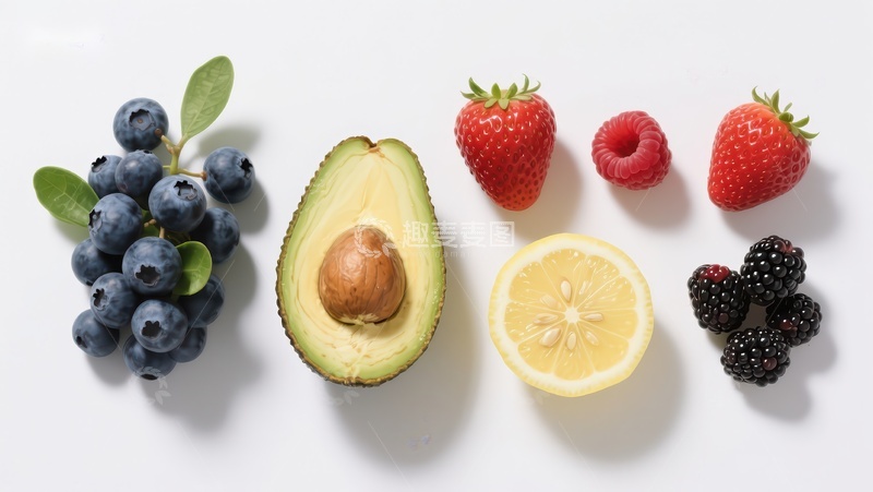 高清大图下载【趣麦麦图】新鲜水果展示：蓝莓、牛油果、草莓等